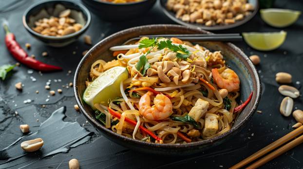 Stir-fried,Noodles,With,Shrimp,,Tofu,,Bean,Sprouts,,And,Peanuts