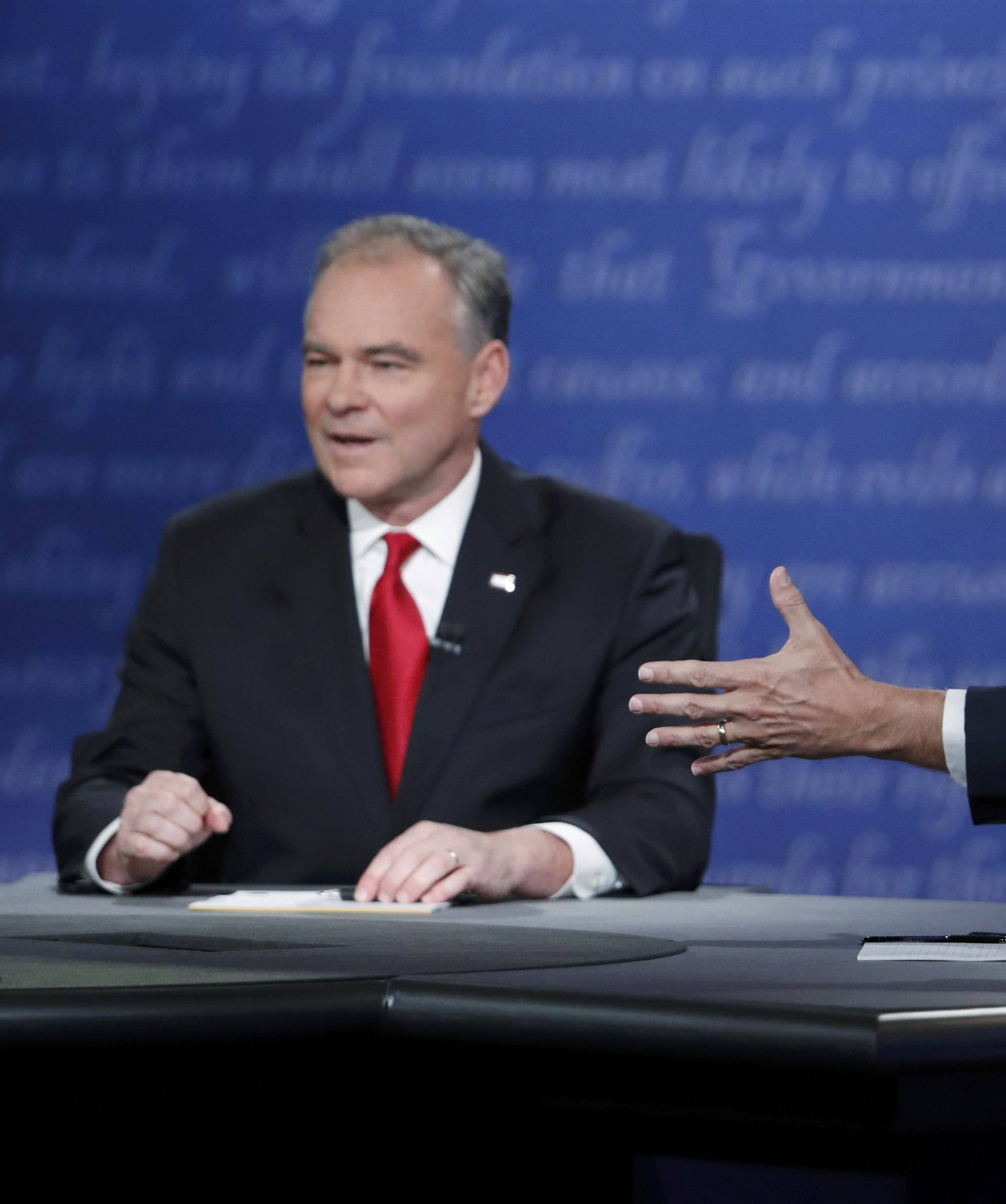 Democratic U.S. vice presidential nominee Senator Tim Kaine and Republican U.S. vice presidential nominee Governor Mike Pence debate during their vice presidential debate at Longwood University in Farmville