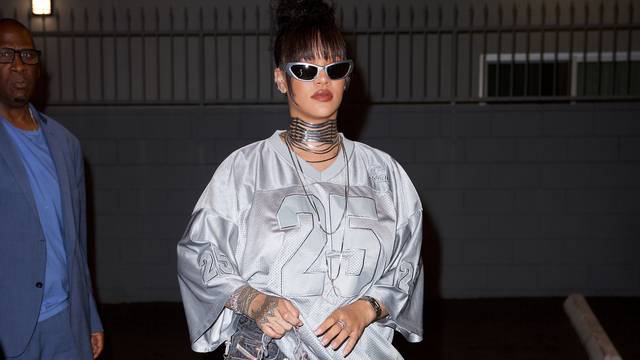 EXCLUSIVE - Rihanna Scores a Touchdown in Silver Football Jersey as She Hits the Studio to Prepare for Her Superbowl Performance, Los Angeles, California, USA - 09 Oct 2022