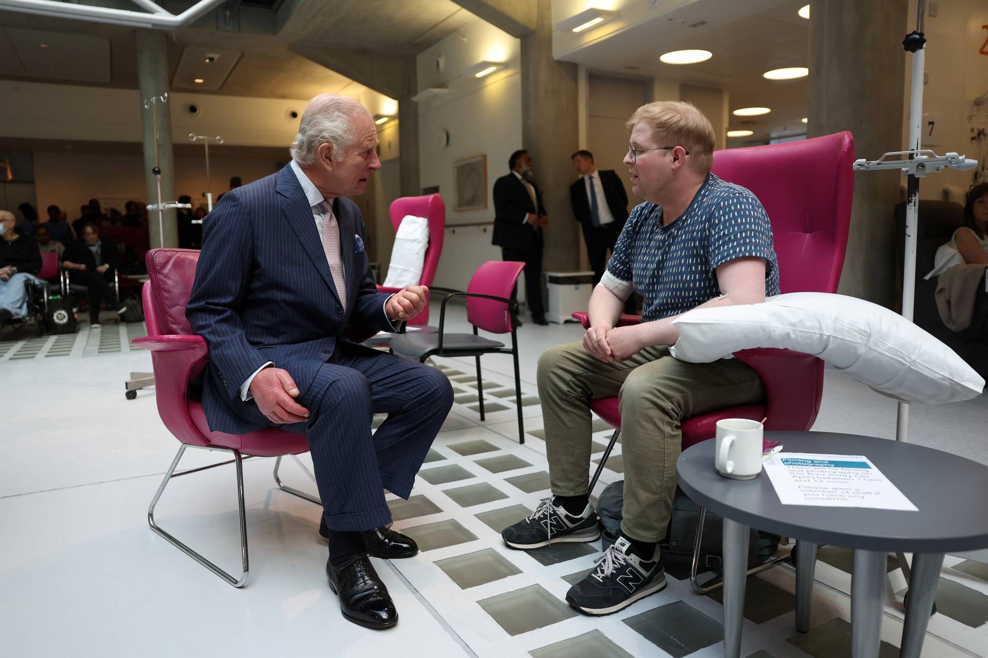 Britain's King Charles and Queen Camilla visit the University College Hospital Macmillan Cancer Centre, in London