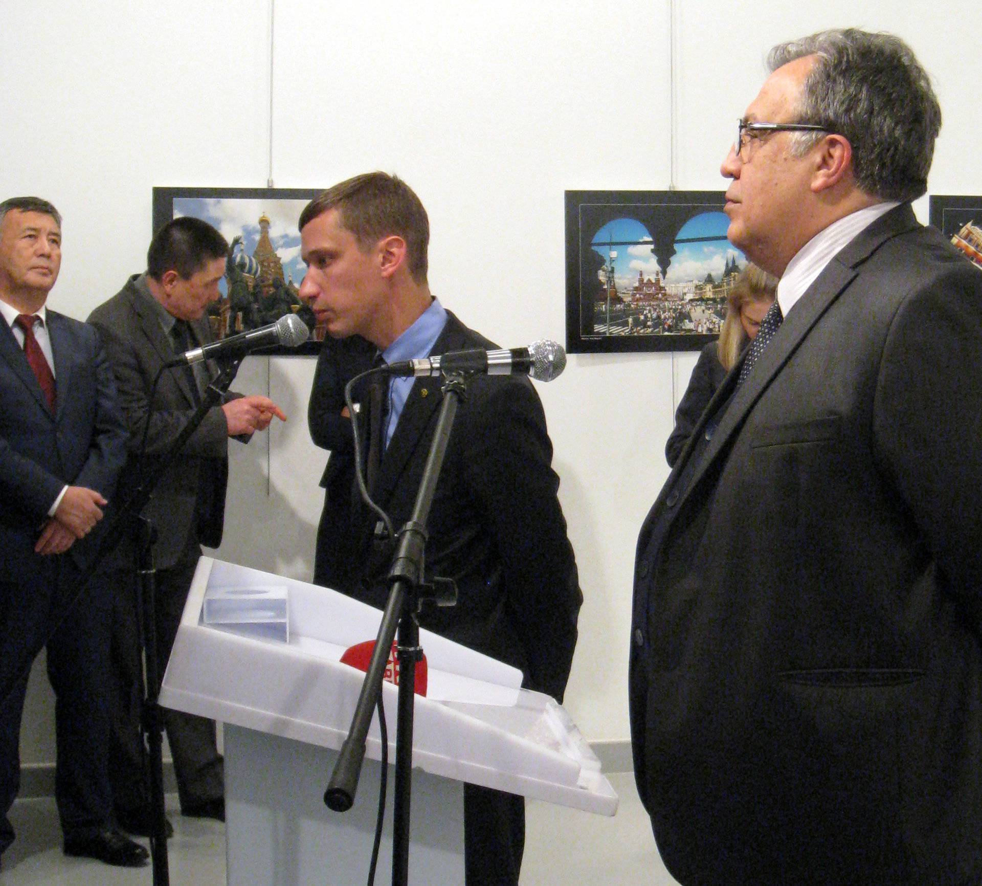 Russian Ambassador to Turkey Andrei Karlov makes a speech at an art gallery shortly before he was shot in Ankara