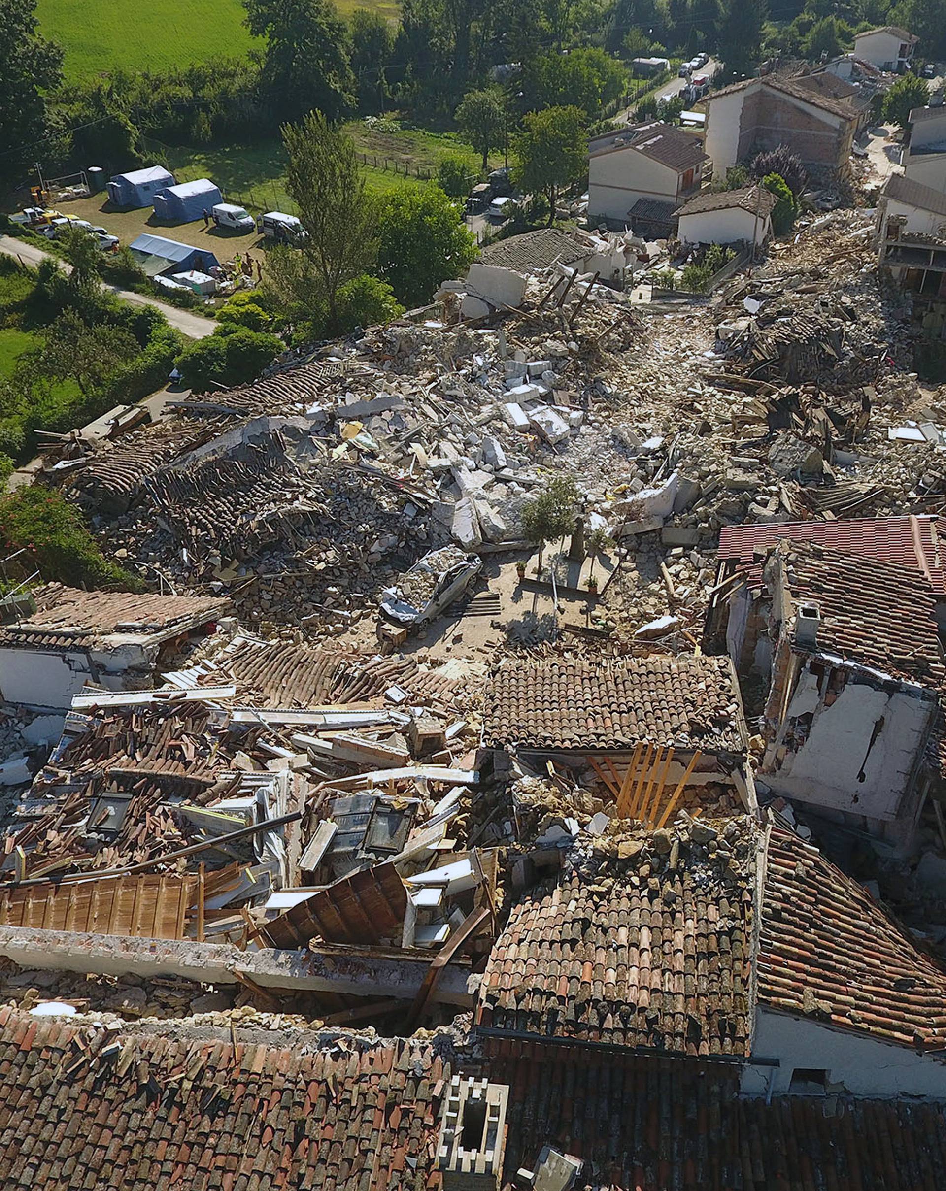 A drone photo shows the damages following an earthquake in Saletta