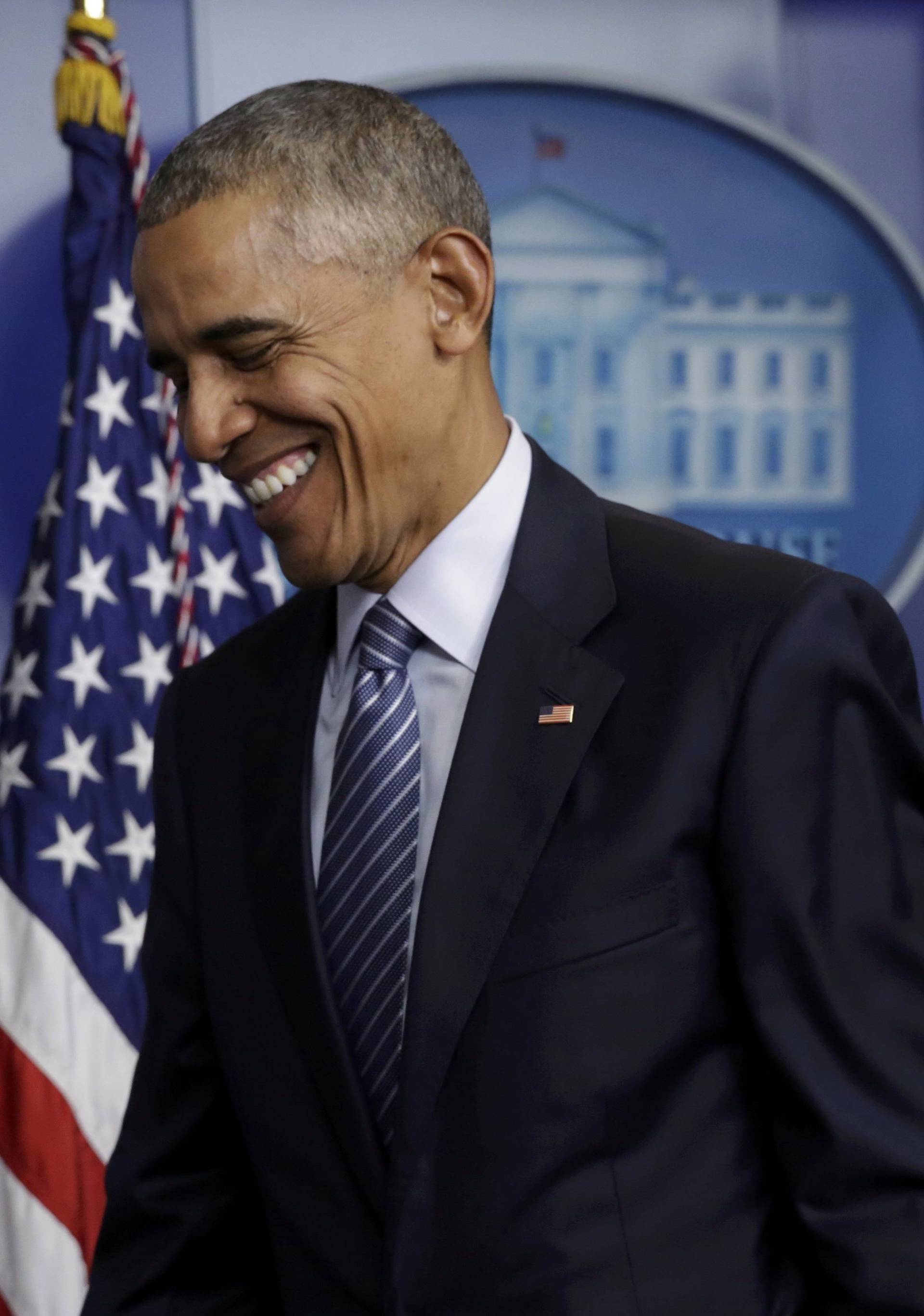 U.S.  President Obama departs following news conference at the White House in Washington