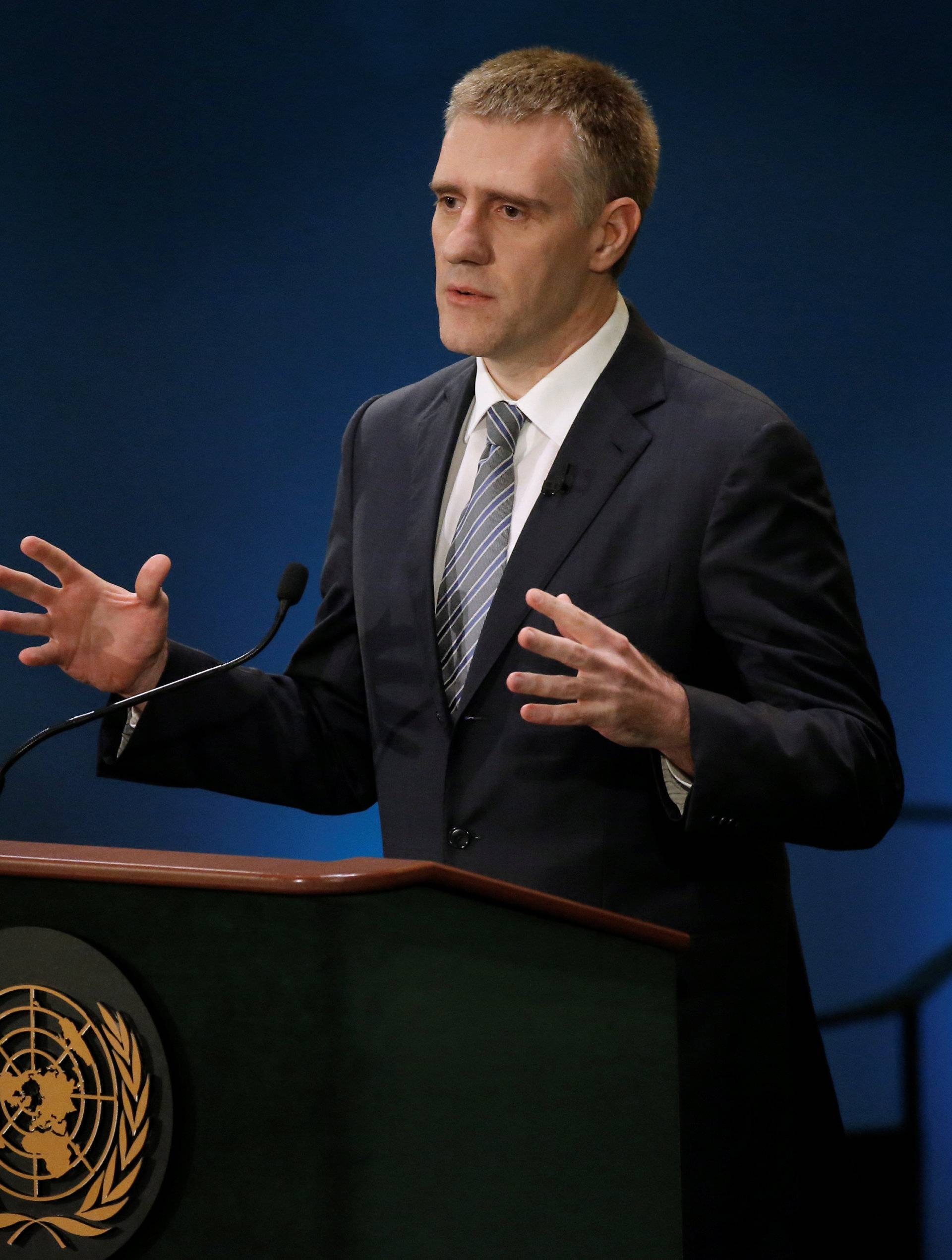 Montenegro Foreign Minister Igor Luksic speaks during a debate in the United Nations General Assembly between candidates vying to be the next U.N. Secretary General at U.N. headquarters in New York