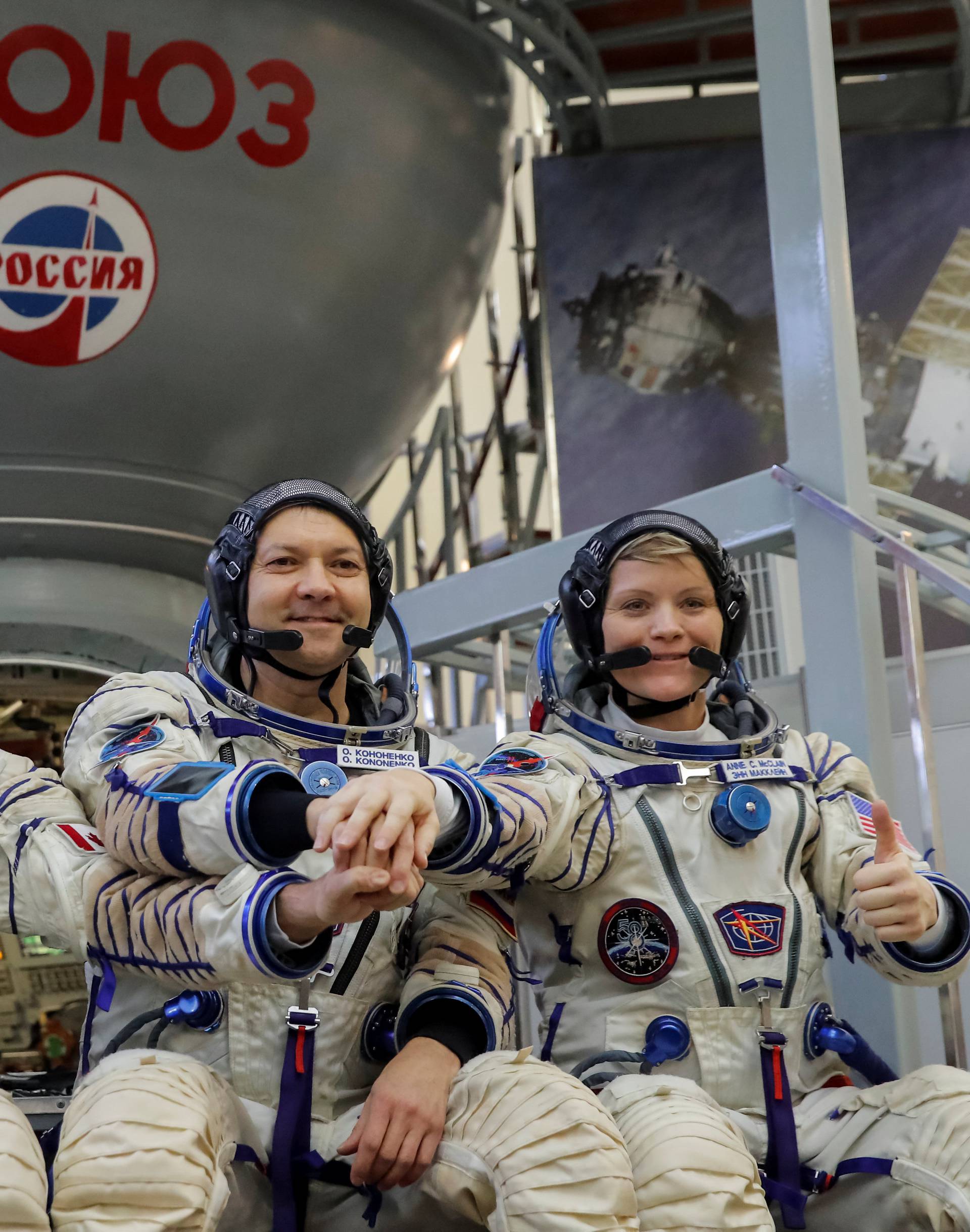 Crew members of the International Space Station (ISS) pose for a picture as they attend the final qualification training for their upcoming space mission in Star City