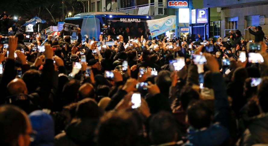 The coach carrying Napoli's players arrives at San Paolo stadium before the start of the Champions League soccer match Napoli vs Real Madrid in Naples