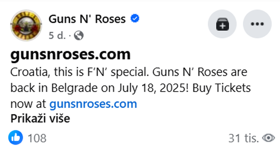 Guns N’ Roses napravili gaf u objavi za koncert u Beogradu: 'Hrvatska, ovo je posebno!'