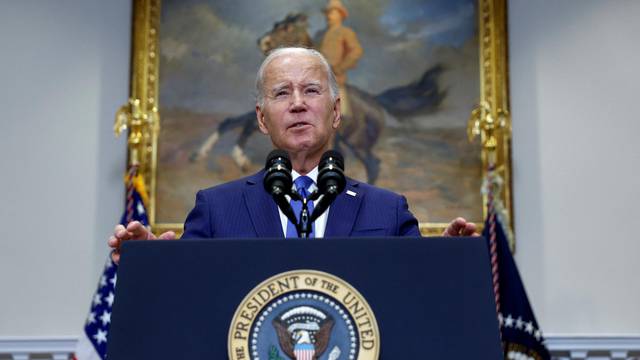 U.S. President Joe Biden delivers remarks on AI in the Roosevelt Room at the White House in Washington