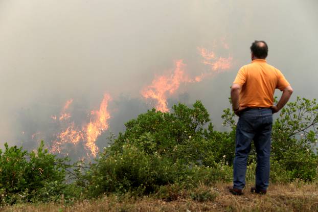 A man looks at fire and smoke during a forest fire in Pedrogao Grande