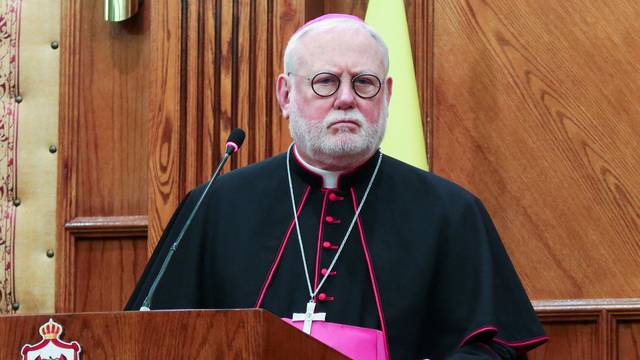 Archbishop Paul Richard Gallagher attends a joint press conference with Jordan's Foreign Minister Ayman Safadi in Amman