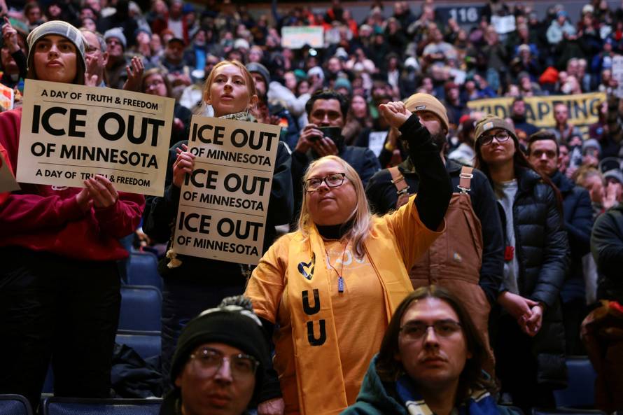 People protest U.S. President Donald Trump's deployment of thousands of immigration enforcement officers on the streets of Minneapolis