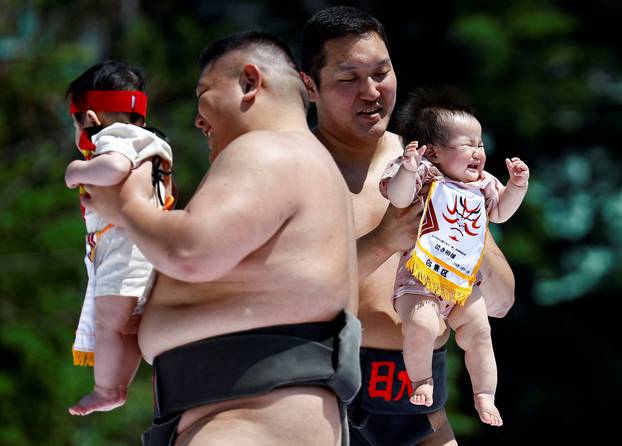 Babies take part in 'Nakizumo' or baby crying sumo contest at Sensoji temple in Tokyo