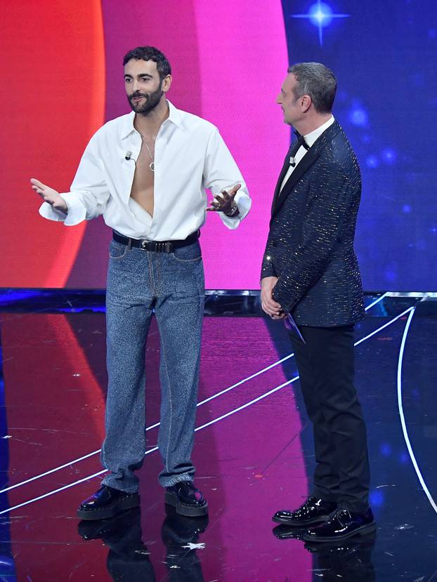 Sanremo, 74th Italian Song Festival, First Evening. Marco Mengoni and the guests on stage