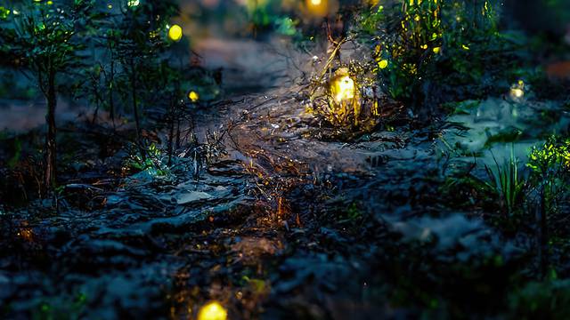 Dark fairytale fantasy forest. Night forest landscape with magical glows. Abstract forest, magic, fantasy, night, lights, neon. 3D illustration.