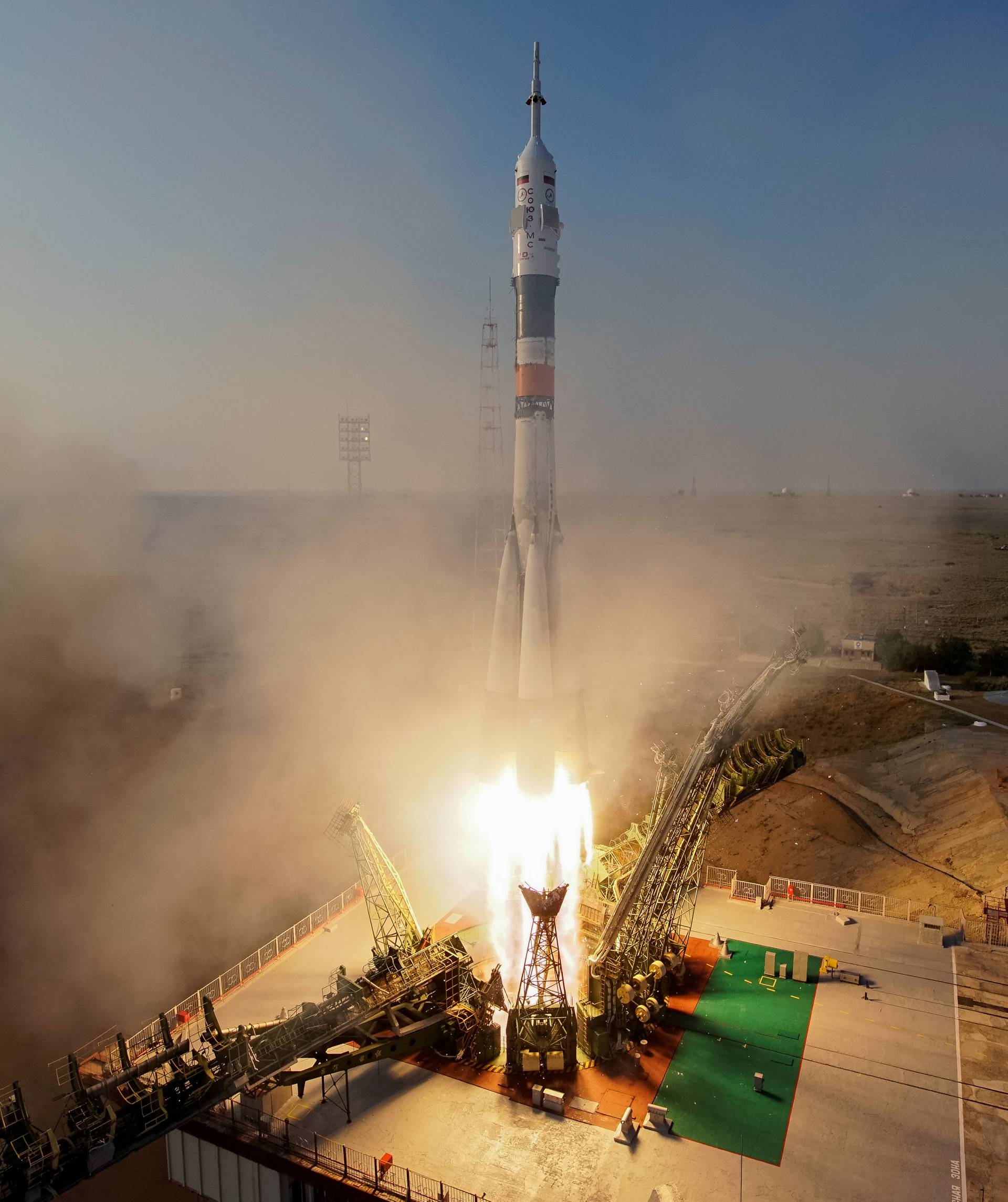 The Soyuz MS spacecraft carrying the crew of Kate Rubins of the U.S., Anatoly Ivanishin of Russia and Takuya Onishi of Japan blasts off to the International Space Station (ISS) from the launchpad at the Baikonur cosmodrome, Kazakhstan