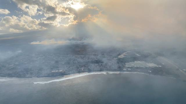 Aerial view of Lahaina coast in the aftermath of wildfires