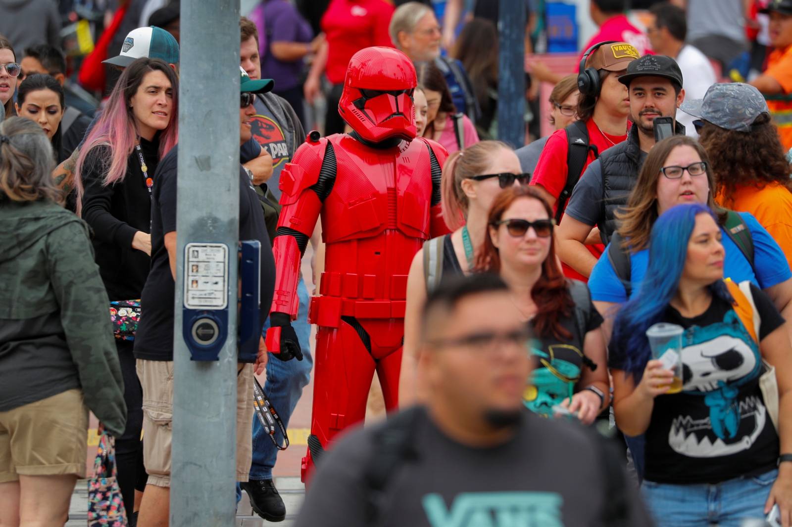 An attendee of the pop culture festival Comic Con International arrives in costume for opening night in San Diego, California