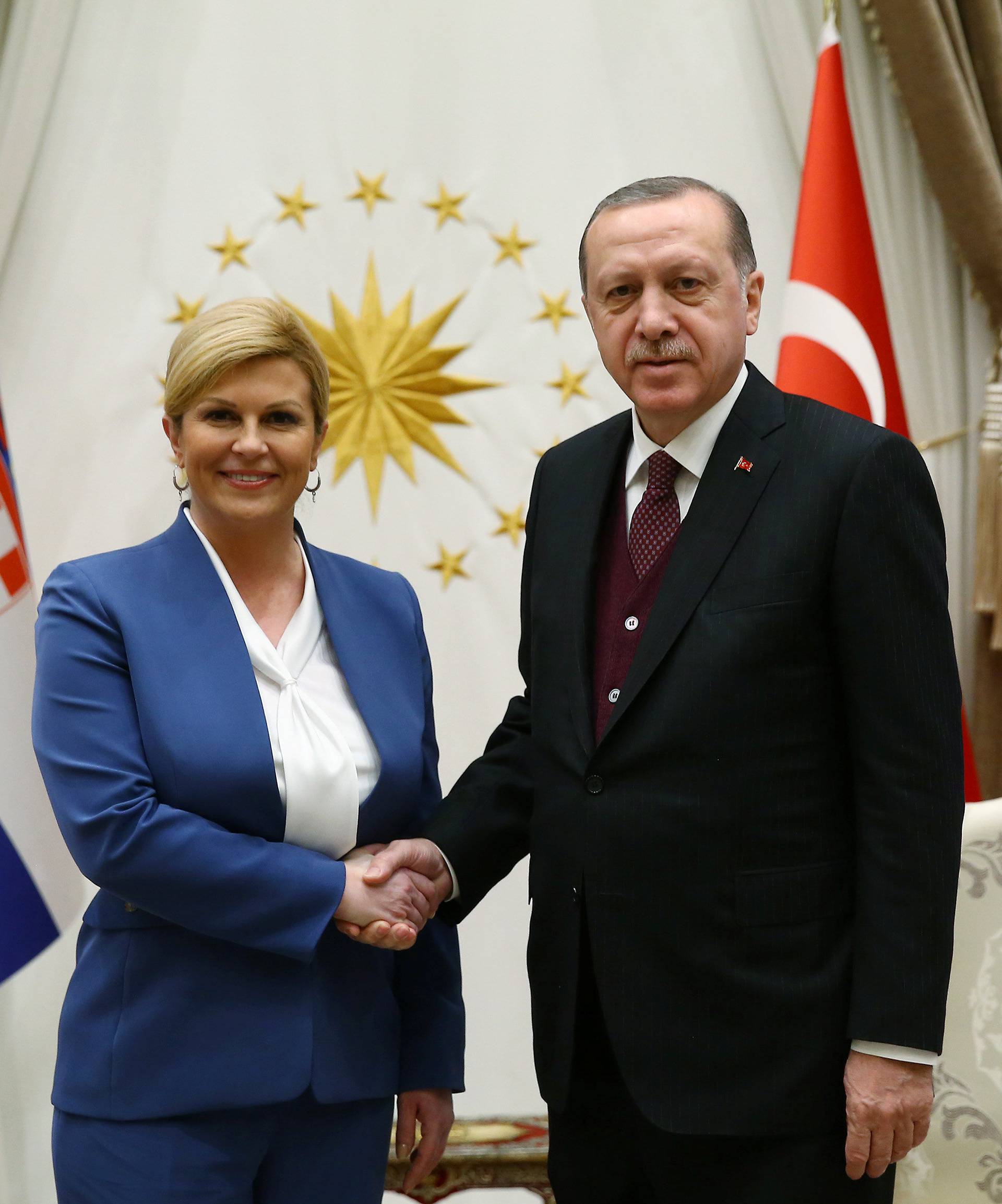 Turkish President Tayyip Erdogan meets with Croatian President Kolinda Grabar-Kitarovic at the Presidential Palace in Ankara