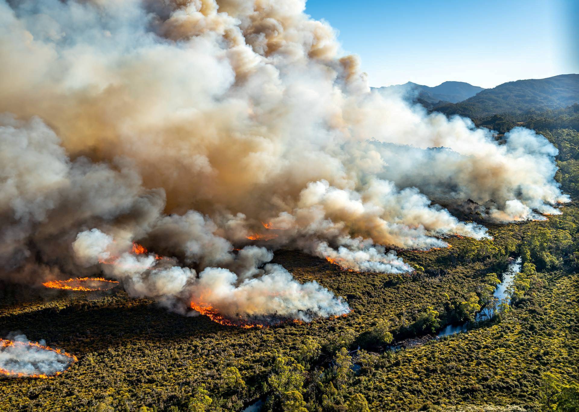 A large bushfire burns in Tasmania, Australia