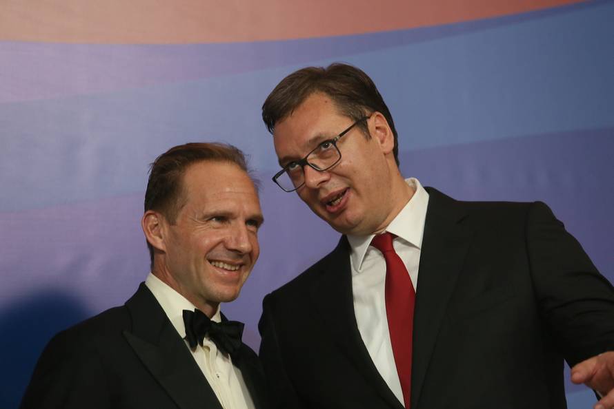 Serbia's President Aleksandar Vucic and actor Ralph Fiennes attend an inauguration ceremony in Belgrade