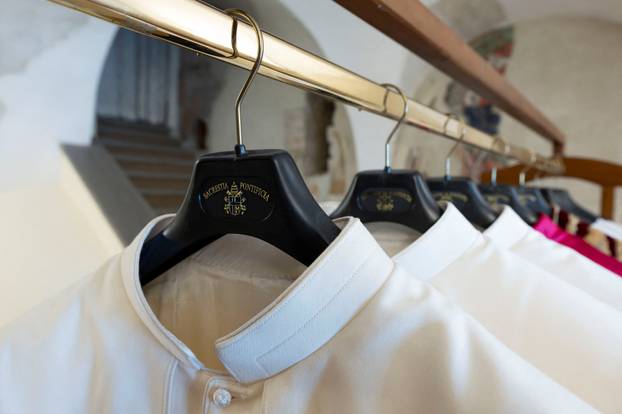 View of the white papal vestments, ahead of the conclave to elect the next pope at the Vatican