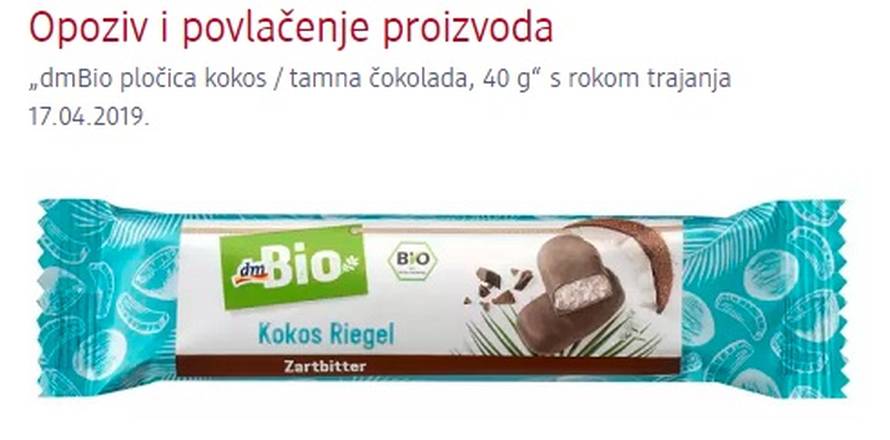 Zbog komadića žice povlači se čokoladica dmBio s kokosom