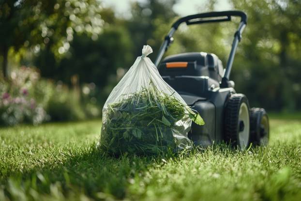 Grass clippings collecting in a bag attached to a lawnmower.