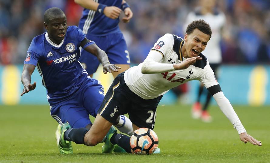 Chelsea's N'Golo Kante fouls Tottenham's Dele Alli