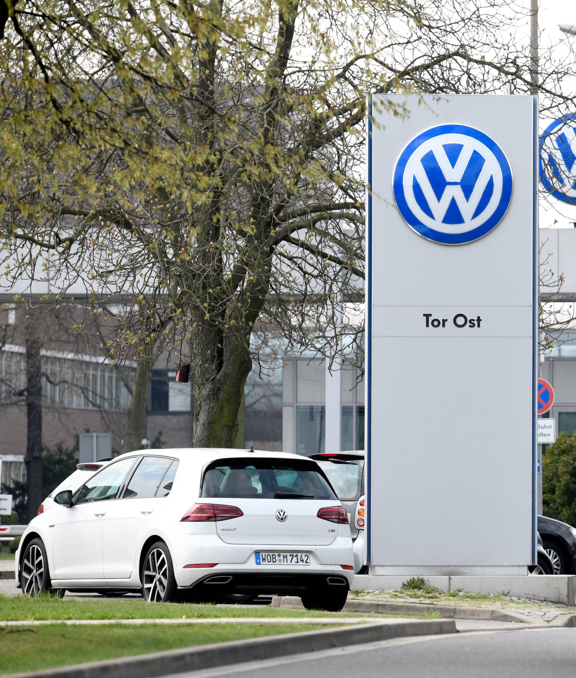 Volkswagen logo is seen at their plant in Wolfsburg