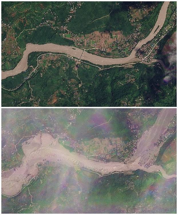 A combination of satellite images show Khadga Bhanjyang before and after a flash flood
