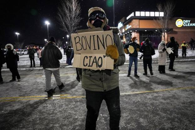 Protest outside the hotel where Bovino, who has been removed from his role, is reportedly staying, in Maple Grove