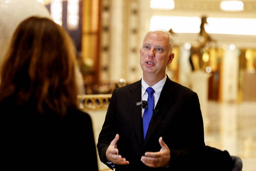 The head of Russia's sovereign wealth fund Kirill Dmitriev speaks to media ahead of his meeting with U.S. delegation in Riyadh, Saudi Arabia
