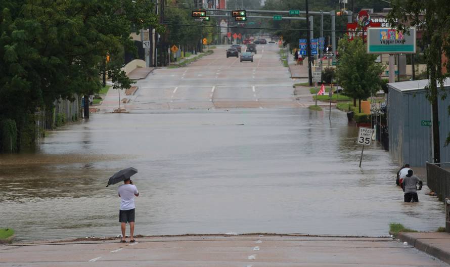 Submerged freeways from the effects of Hurricane Harvey are seen during widespread flooding in Houston
