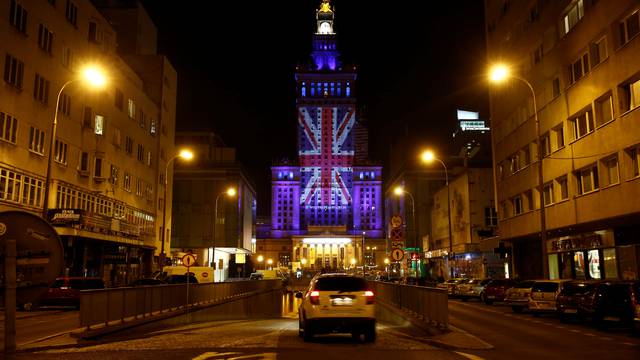 The Palace of Culture and Science is illuminated in Union Jack colours by Warsaw's capital authorities in support of Britain staying in the EU, in Warsaw