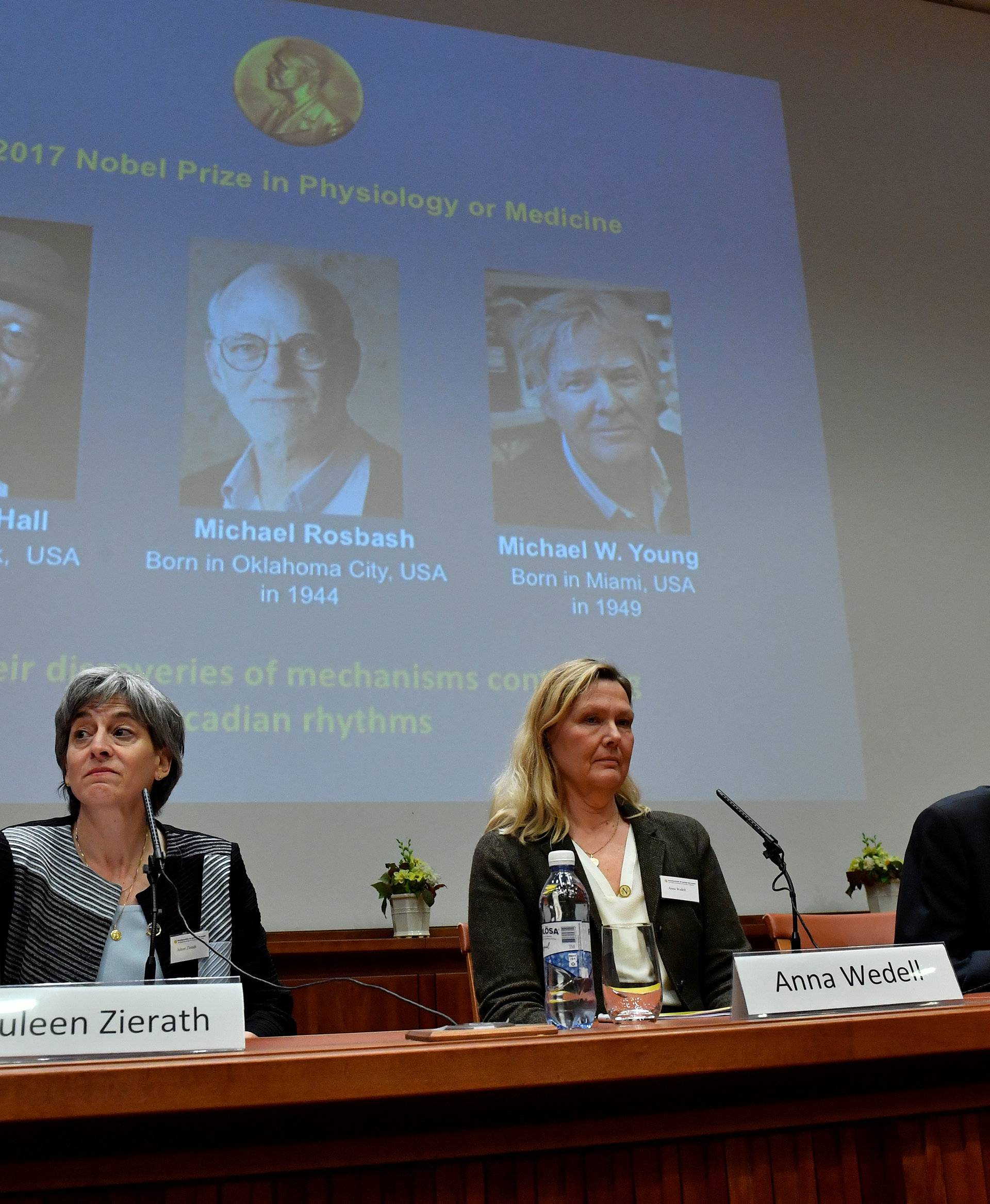 Juleen Zierath, Professor of Physiology, Anna Wedell, chairman Nobel Committee for Physiology or Medicine 2017, are seen during the announcement of the winners of the Nobel Prize in Physiology or Medicine 2017, in Stockholm