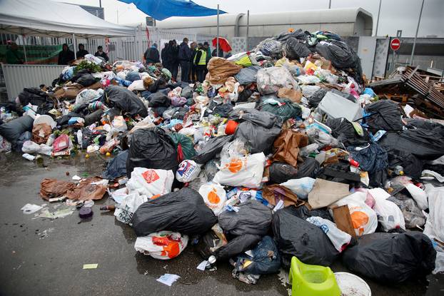 Striking French CGT labour union garbage collectors and sewer workers block access to the waste treatment center of Ivry-sur-Seine, near Paris