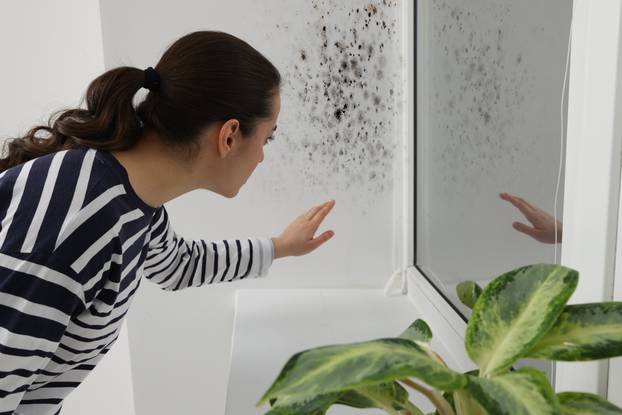 Woman,Looking,At,Affected,With,Mold,Window,Slope,In,Room