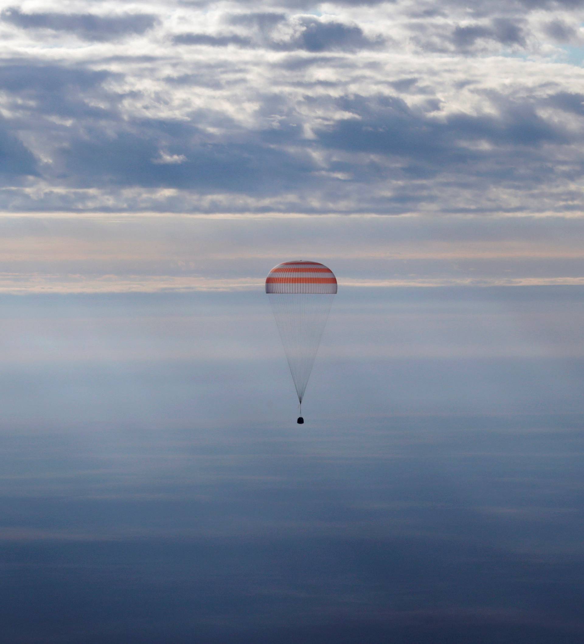 Russian Soyuz MS space capsule carrying ISS crew members Rubins of U.S., Ivanishin of Russia and Onishi of Japan descends near Dzhezkazgan