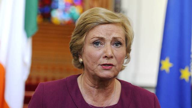 Deputy Prime Minister of Ireland (Tanaiste) Frances Fitzgerald speaks to the media at Government buildings in Dublin, Ireland