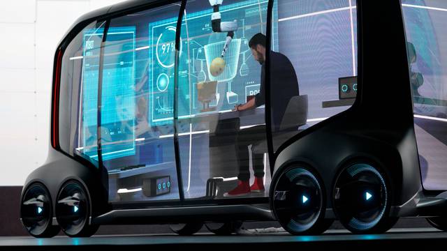 Toyota Motor Corporation, displays the "e-Pallete", a new fully self-driving electric concept vehicle designed to be used for ride hailing, parcel delivery services and other uses at CES in Las Vegas