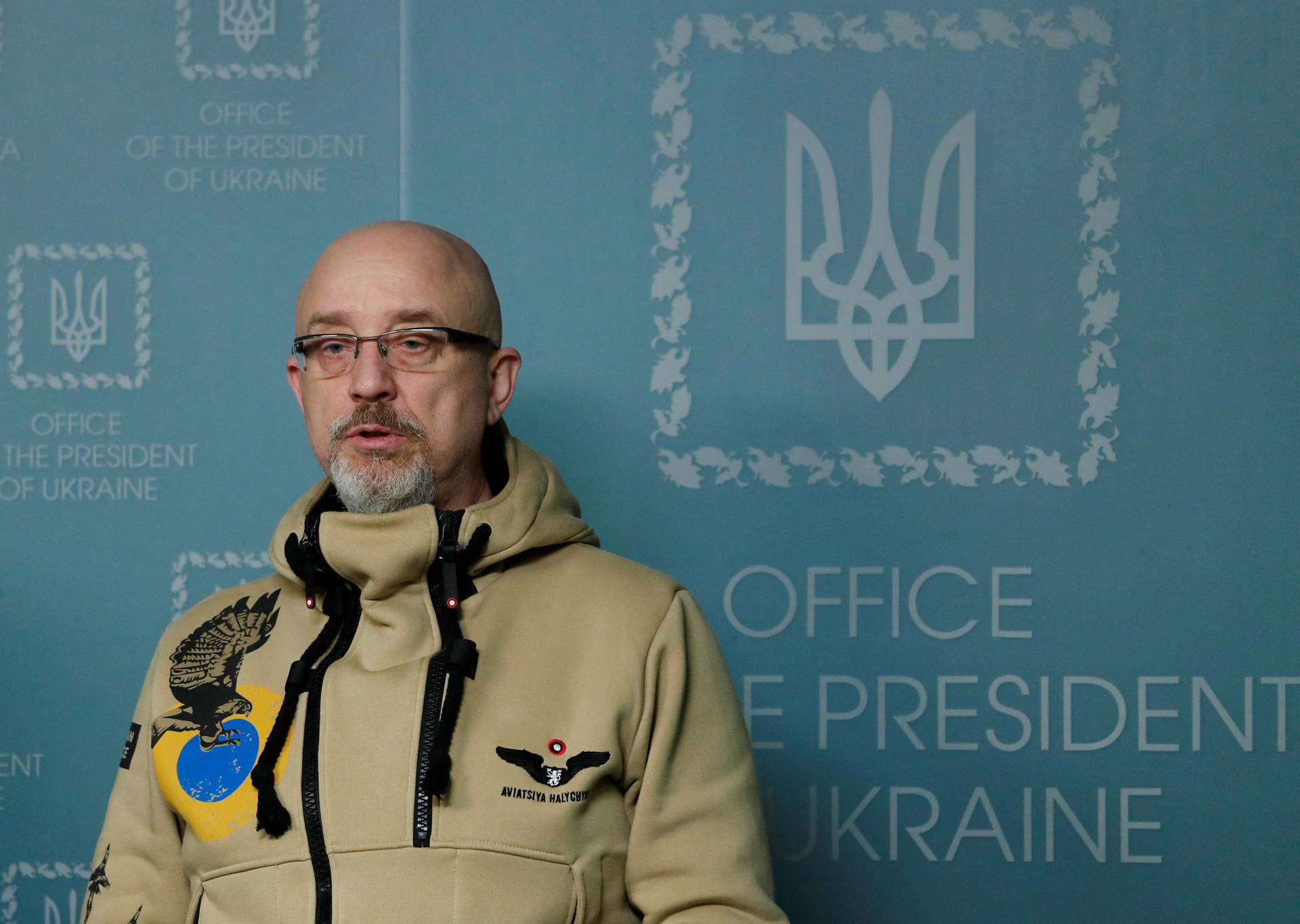 Ukrainian Defence Minister Reznikov speaks during a news briefing in Kyiv