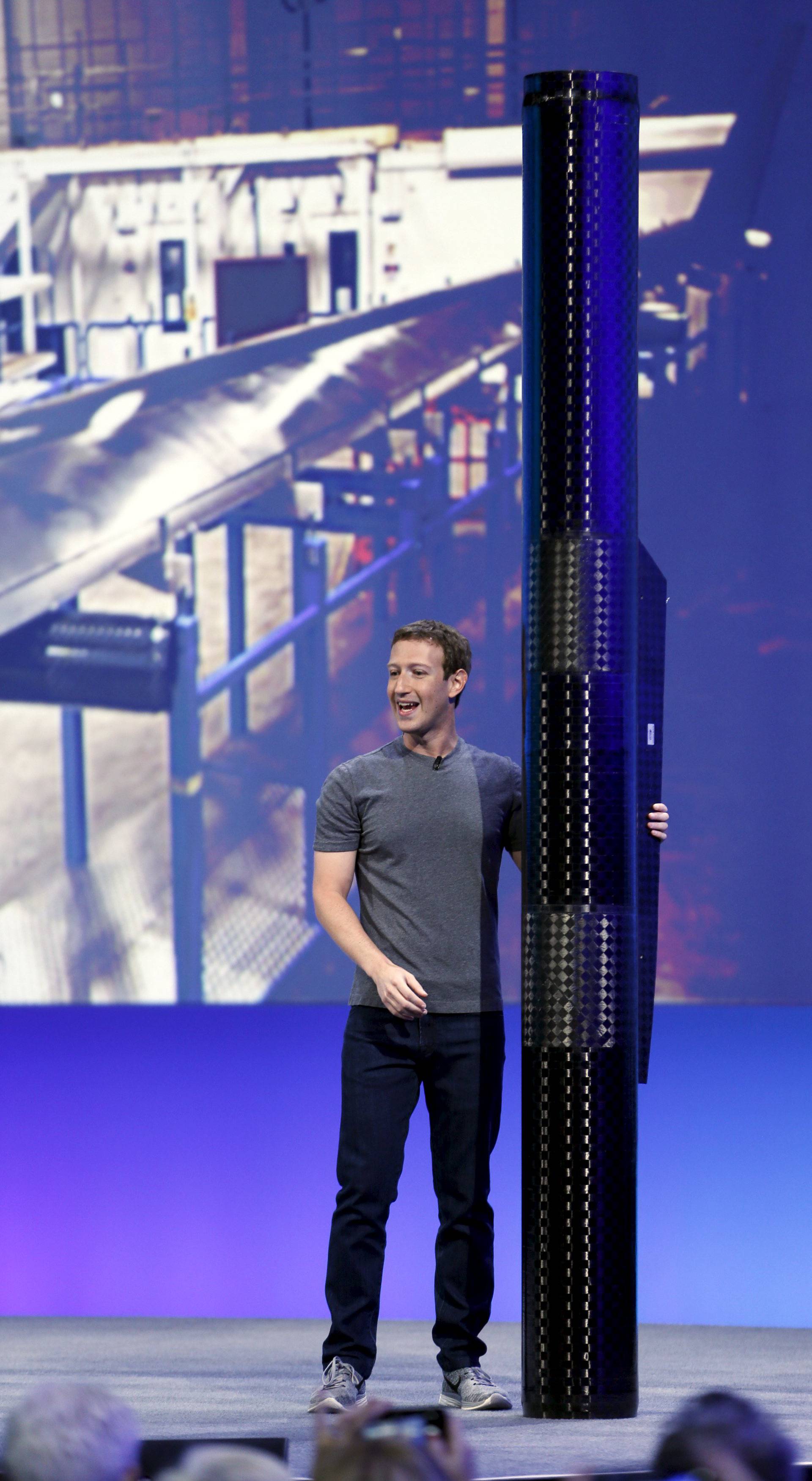 Facebook CEO Mark Zuckerberg holds a propeller pod of the solar-powered Aquila drone during the Facebook F8 conference in San Francisco, California