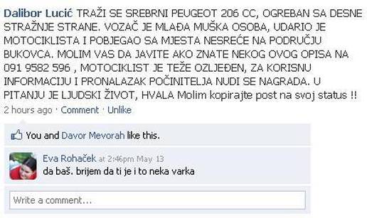 Na Facebooku traži vozača koji je udario njenog očuha