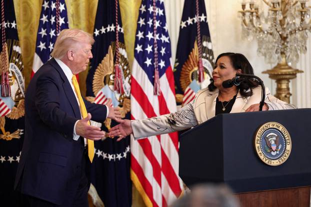 U.S. President Donald Trump speaks during a Black History Month reception at the White House in Washington