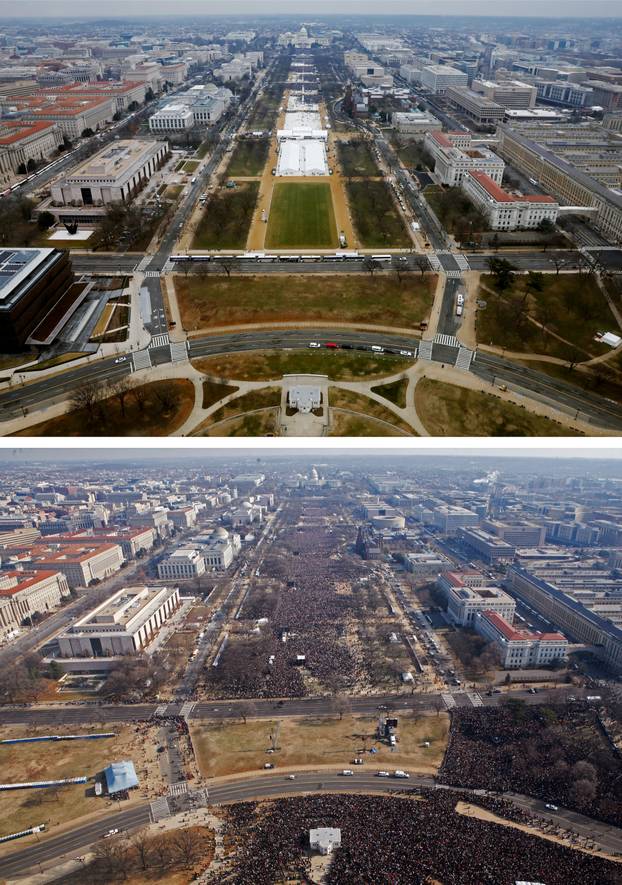 FILE PHOTO: Combination photos of Trump's 2017 inauguration (top) and Obama's 2009 inauguration (bottom)