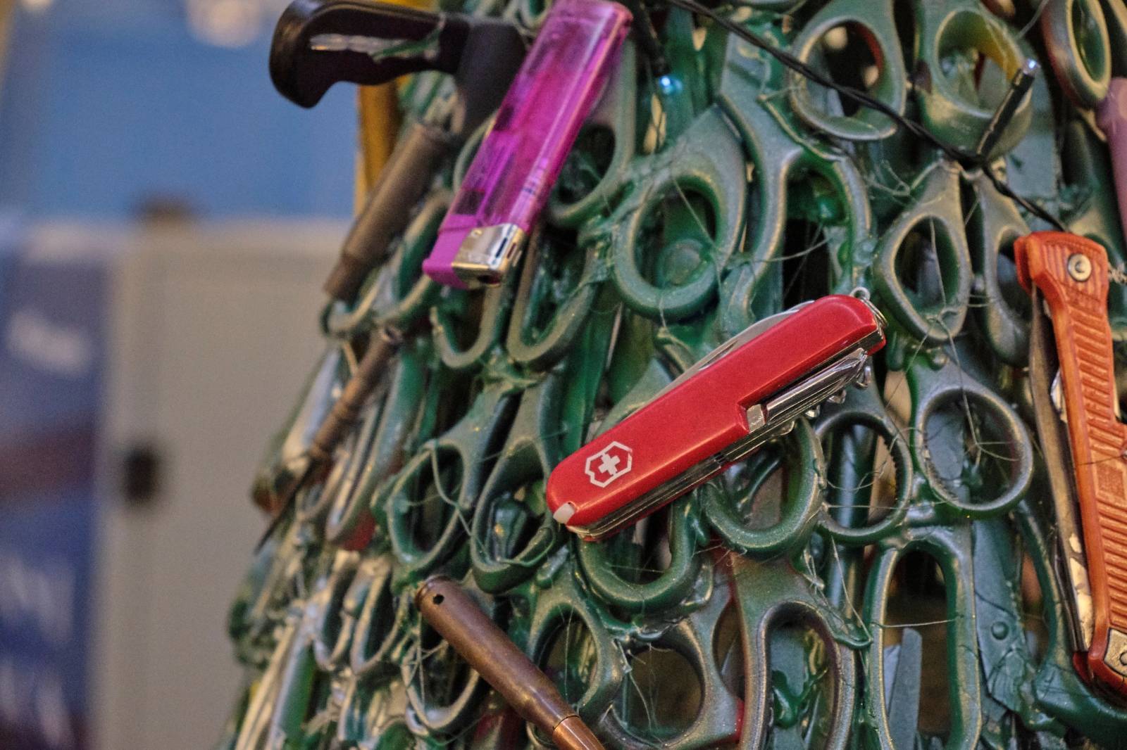 A Christmas tree made from the items that were taken away from passengers during security screening in Vilnius airport