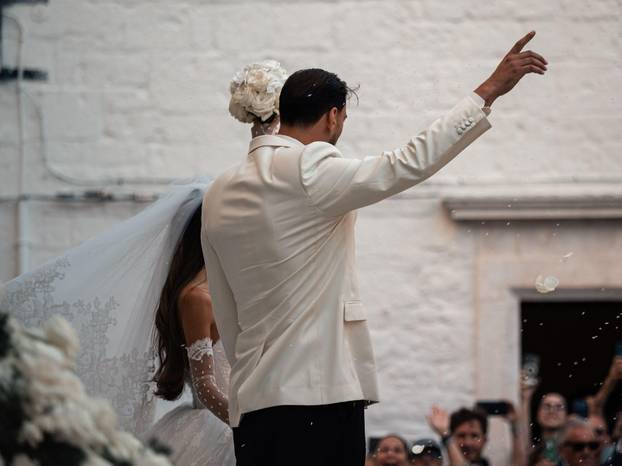 Locorotondo (Bari), Italy. 24 July 2026. Gianluigi Donnarumma at the Church of San Giorgio Martire in Locorotondo, southern Italy, at his wedding. Photo by Mattia Loiacono.