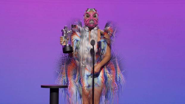 Lady Gaga accepts the award for Best Collaboration for "Rain On Me" during the 2020 MTV VMAs