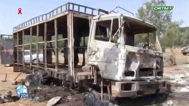 Burnt bus is seen following a gunmen attack near Bankass