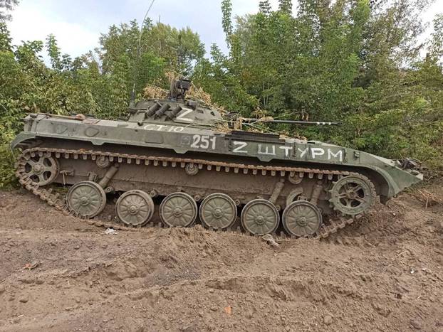 View of a Russian armoured fighting vehicle captured by Ukrainian Armed Forces during a counteroffensive operation in Kharkiv region